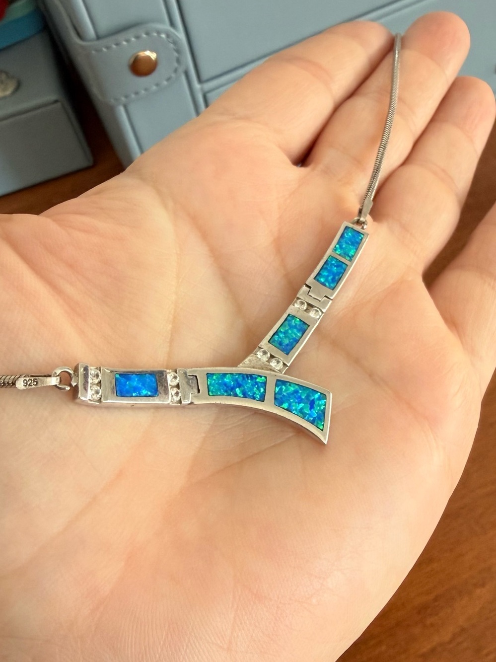 Greek Key Vintage Sterling Blue Opal Snake Chain Necklace 18”